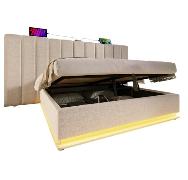 Pehmustettu sänky 160x200 cm säilytystilalla, sovellusohjattava LED, USB-C, leinen, beige, sis. patjan, ilman yöpöytää