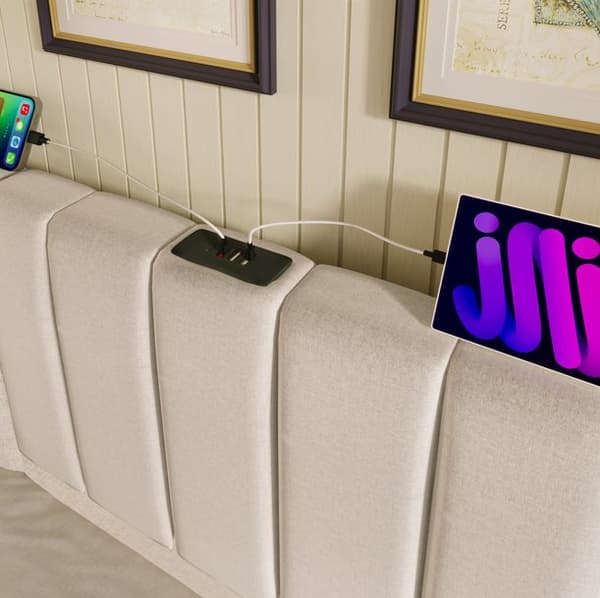 Pehmustettu sänky 160x200 cm säilytystilalla, sovellusohjattava LED, USB-C, leinen, beige, sis. patjan, ilman yöpöytää
