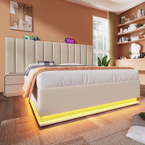 Pehmustettu sänky 160x200 cm säilytystilalla, sovellusohjattava LED, USB-C, leinen, beige, sis. patjan, ilman yöpöytää
