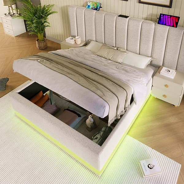Pehmustettu sänky 160x200 cm säilytystilalla, sovellusohjattava LED, USB-C, leinen, beige, sis. patjan, ilman yöpöytää
