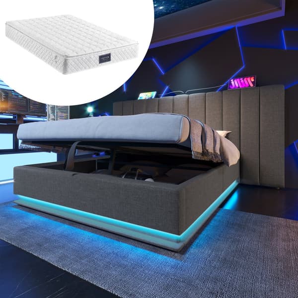 Pehmustettu sänky 160x200 cm säilytystilalla, sovellusohjattava LED, USB-C, leinen, harmaa, sis. patjan, ilman yöpöytää