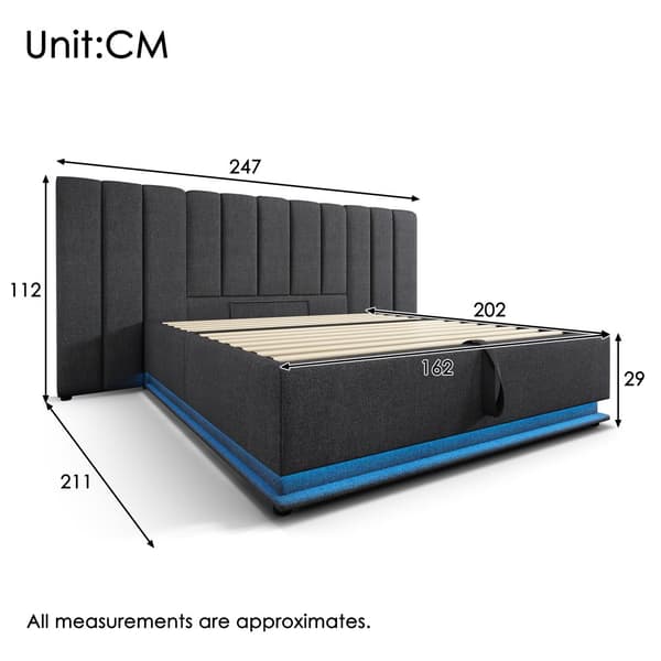 Polstret seng 160x200 cm med opbevaring, app-styret LED, USB-C, leinen, grå, inkl. madras, uden natbord