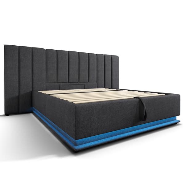 Pehmustettu sänky 160x200 cm säilytystilalla, sovellusohjattava LED, USB-C, leinen, harmaa, sis. patjan, ilman yöpöytää