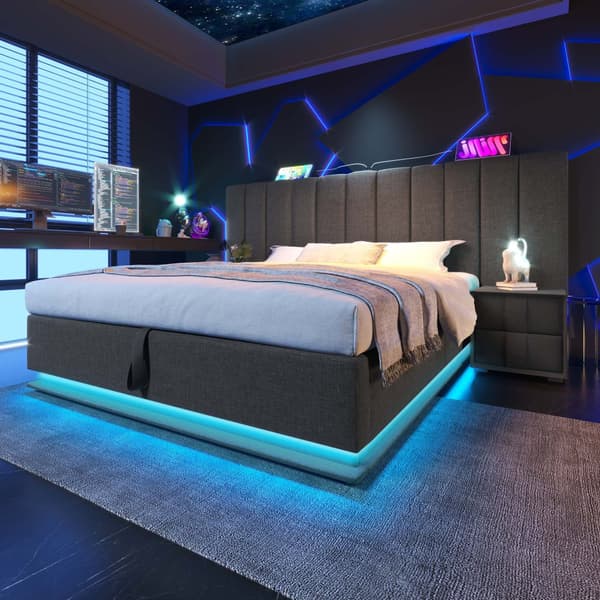 Polstret seng 160x200 cm med opbevaring, app-styret LED, USB-C, leinen, grå, inkl. madras, uden natbord