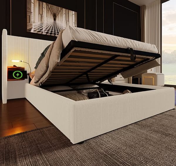 Polstret seng 160x200 cm med natbord, læselampe, USB-C, opbevaring, lamelbund, ledning, beige/hvid, inkl. madras