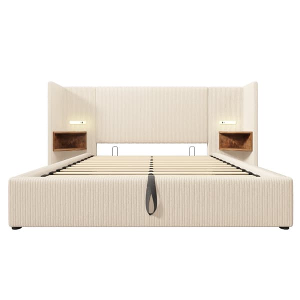 Polstret seng 160x200 cm med natbord, læselampe, USB-C, opbevaring, lamelbund, ledning, beige/hvid, inkl. madras