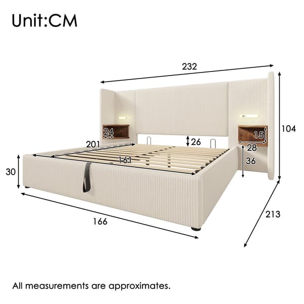 Polstret seng 160x200 cm med natbord, læselampe, USB-C, opbevaring, lamelbund, ledning, beige/hvid, inkl. madras