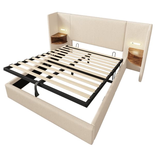 Polstret seng 160x200 cm med natbord, læselampe, USB-C, opbevaring, lamelbund, ledning, beige/hvid, inkl. madras