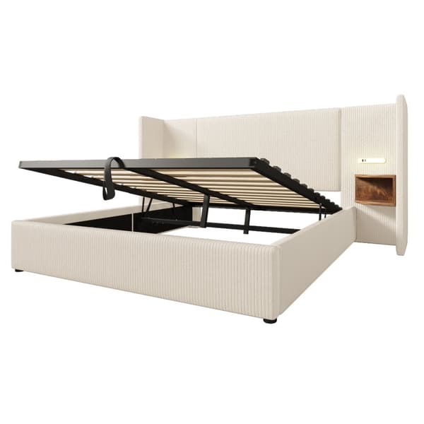 Polstret seng 160x200 cm med natbord, læselampe, USB-C, opbevaring, lamelbund, ledning, beige/hvid, inkl. madras