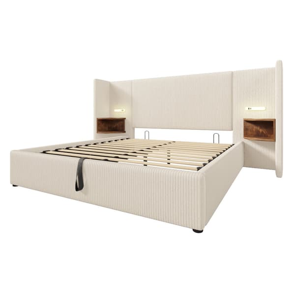 Polstret seng 160x200 cm med natbord, læselampe, USB-C, opbevaring, lamelbund, ledning, beige/hvid, inkl. madras