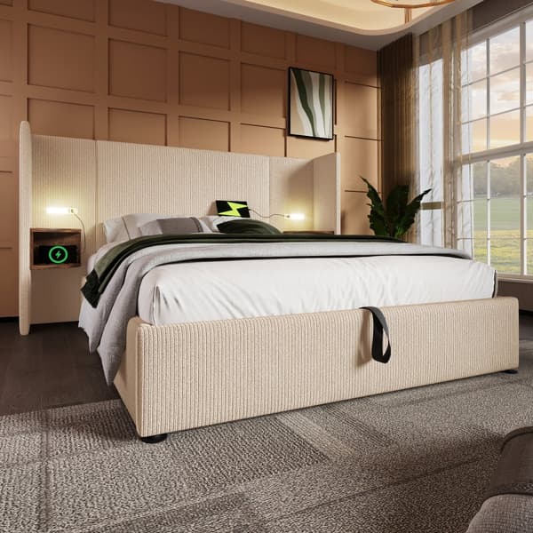 Pehmustettu sänky 160x200 cm yöpöydällä, lukuvalolla, USB-C, säilytystilalla, sälepohjalla, johdolla, beige/valkoinen, sis. patjan