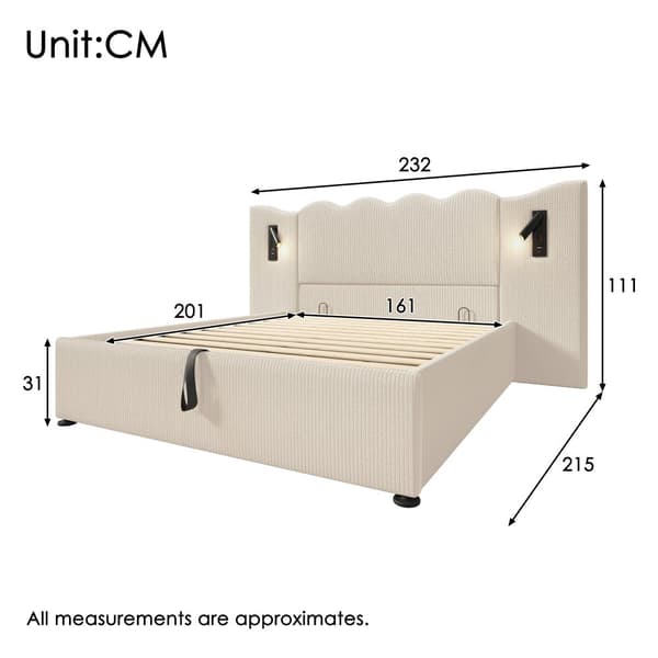 Pehmustettu sänky 160x200 cm lukuvalolla, USB-C, säilytystila, sälepohja, johto, beige/valkoinen, sis. patjan