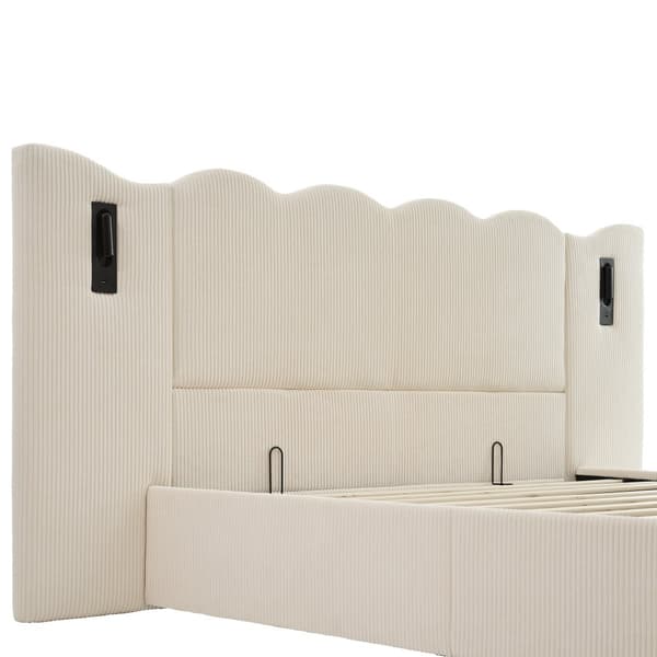 Pehmustettu sänky 160x200 cm lukuvalolla, USB-C, säilytystila, sälepohja, johto, beige/valkoinen, sis. patjan