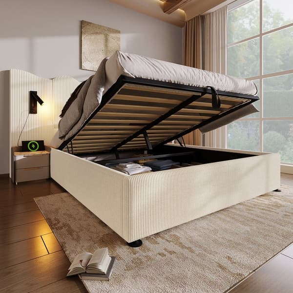 Polstret seng 160x200 cm med læselampe, USB-C, opbevaring, lamelbund, ledning, beige/hvid, inkl. madras