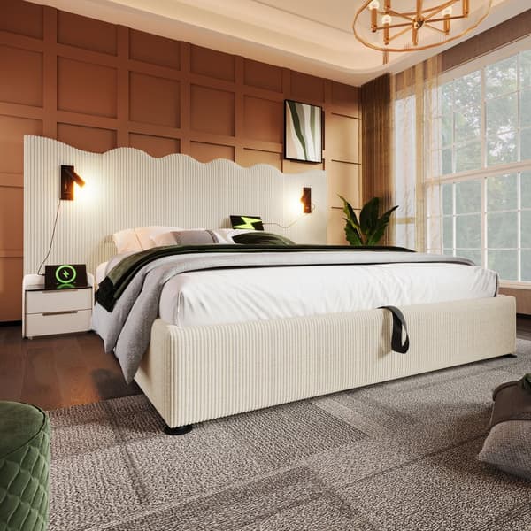 Polstret seng 160x200 cm med læselampe, USB-C, opbevaring, lamelbund, ledning, beige/hvid, inkl. madras