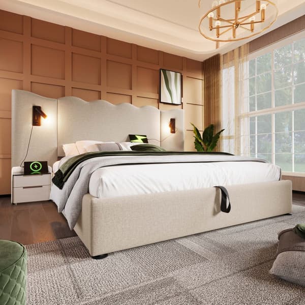 Pehmustettu sänky 160x200 cm lukuvalolla, USB-C, säilytystila, sälepohja, leinen, beige, sis. patjan