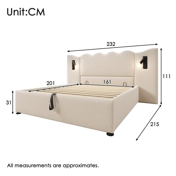 Pehmustettu sänky 160x200 cm lukuvalolla, USB-C, säilytystila, sälepohja, leinen, beige, sis. patjan