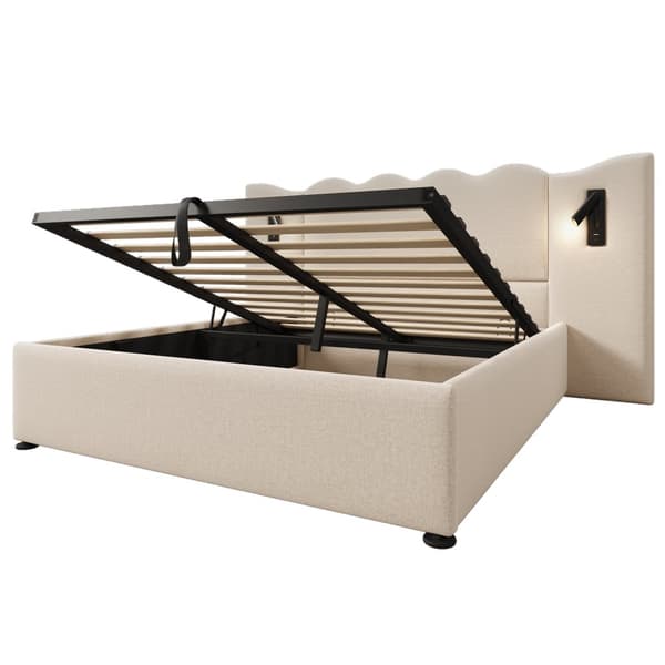 Polstret seng 160x200 cm med læselampe, USB-C, opbevaring, lamelbund, leinen, beige, inkl. madras