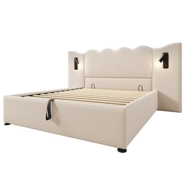 Pehmustettu sänky 160x200 cm lukuvalolla, USB-C, säilytystila, sälepohja, leinen, beige, sis. patjan