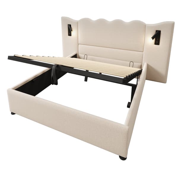 Pehmustettu sänky 160x200 cm lukuvalolla, USB-C, säilytystila, sälepohja, leinen, beige, sis. patjan