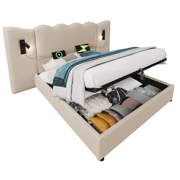Pehmustettu sänky 160x200 cm lukuvalolla, USB-C, säilytystila, sälepohja, leinen, beige, sis. patjan