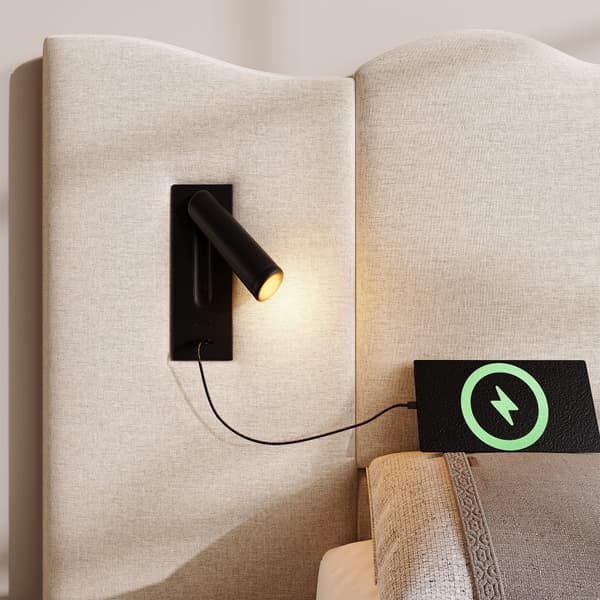 Pehmustettu sänky 160x200 cm lukuvalolla, USB-C, säilytystila, sälepohja, leinen, beige, sis. patjan