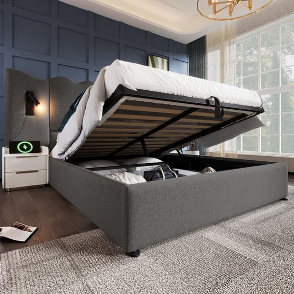 Polstersäng 160x200 cm med läslampa, USB-C, förvaring, ribbotten, leinen, grå, inkl. madrass