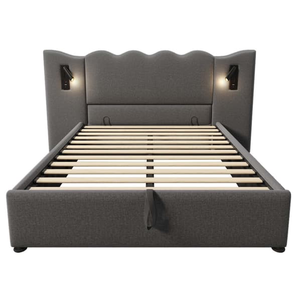 Polstersäng 160x200 cm med läslampa, USB-C, förvaring, ribbotten, leinen, grå, inkl. madrass