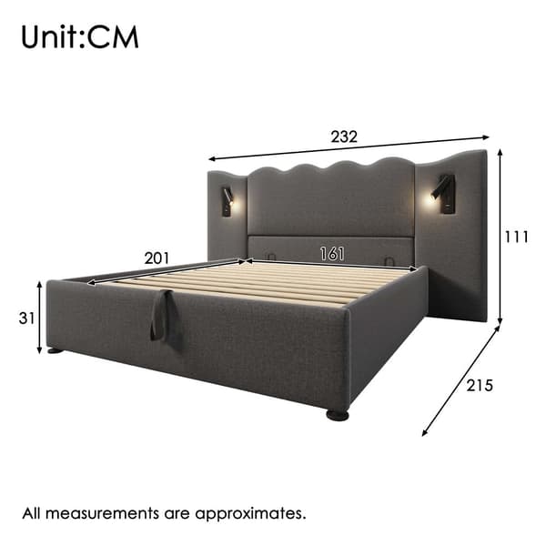 Polstersäng 160x200 cm med läslampa, USB-C, förvaring, ribbotten, leinen, grå, inkl. madrass