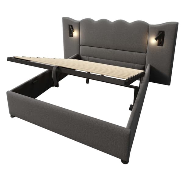 Polstersäng 160x200 cm med läslampa, USB-C, förvaring, ribbotten, leinen, grå, inkl. madrass