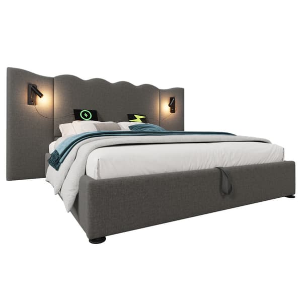 Polstersäng 160x200 cm med läslampa, USB-C, förvaring, ribbotten, leinen, grå, inkl. madrass
