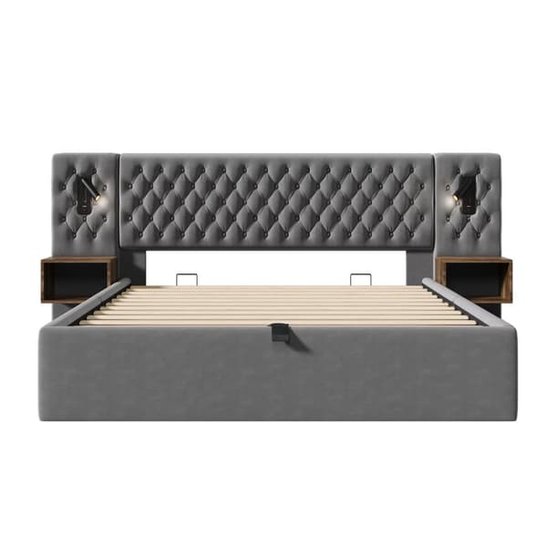 Sängpaket 160x200 cm med 2 sängbord, hydraulisk förvaring, huvudgavel med läslampa och USB, sammet grå, inkl. madrass