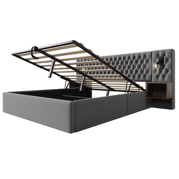 Sängpaket 160x200 cm med 2 sängbord, hydraulisk förvaring, huvudgavel med läslampa och USB, sammet grå, inkl. madrass