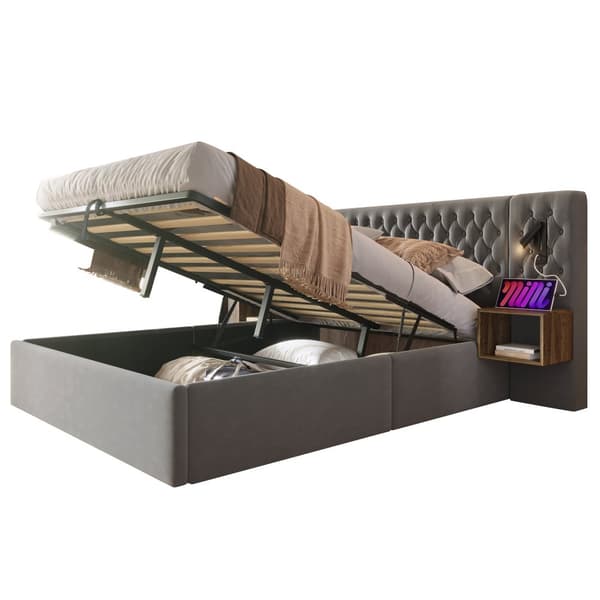 Sängpaket 160x200 cm med 2 sängbord, hydraulisk förvaring, huvudgavel med läslampa och USB, sammet grå, inkl. madrass