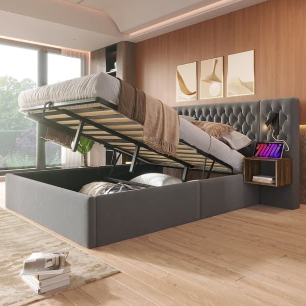 Sängpaket 160x200 cm med 2 sängbord, hydraulisk förvaring, huvudgavel med läslampa och USB, sammet grå, inkl. madrass