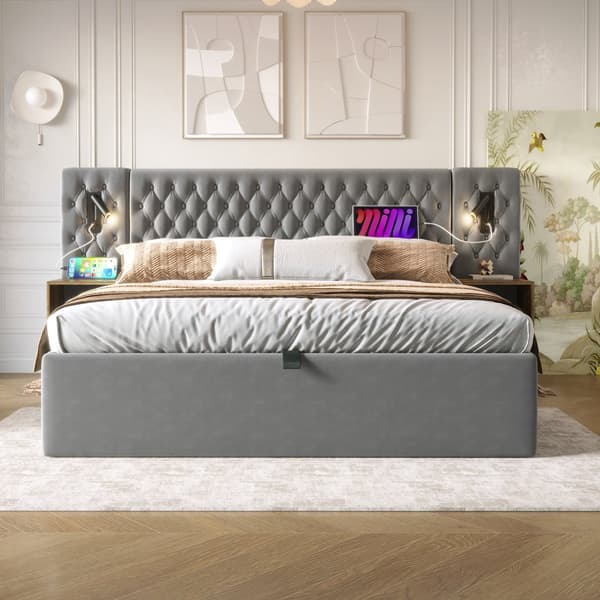 Sängpaket 160x200 cm med 2 sängbord, hydraulisk förvaring, huvudgavel med läslampa och USB, sammet grå, inkl. madrass