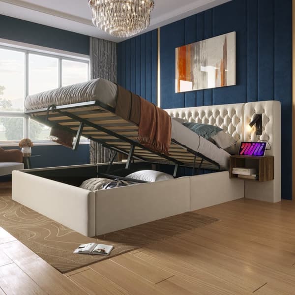 Sengepakke 160x200 cm med 2 natborde, hydraulisk opbevaring, sengegavl med læselampe og USB, velour beige, inkl. madras