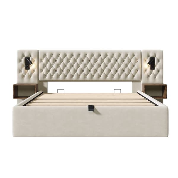 Sengepakke 160x200 cm med 2 natborde, hydraulisk opbevaring, sengegavl med læselampe og USB, velour beige, inkl. madras