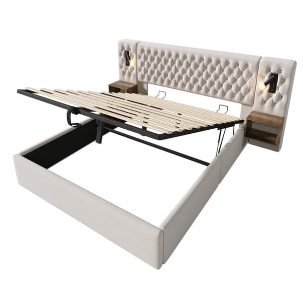 Sengepakke 160x200 cm med 2 natborde, hydraulisk opbevaring, sengegavl med læselampe og USB, velour beige, inkl. madras
