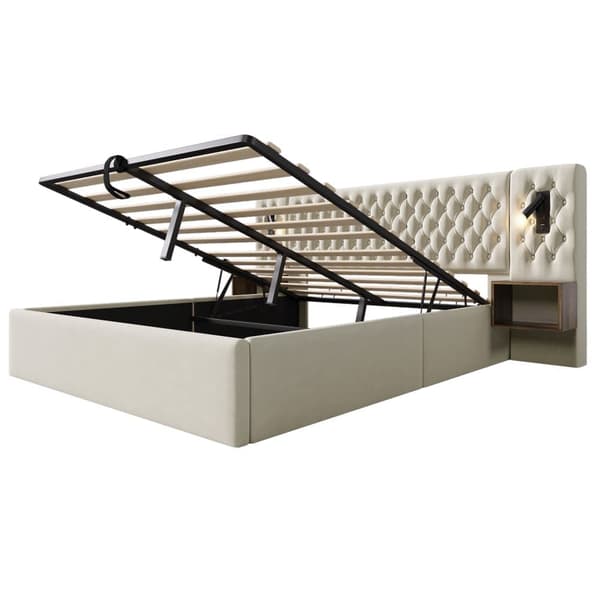Sengepakke 160x200 cm med 2 natborde, hydraulisk opbevaring, sengegavl med læselampe og USB, velour beige, inkl. madras