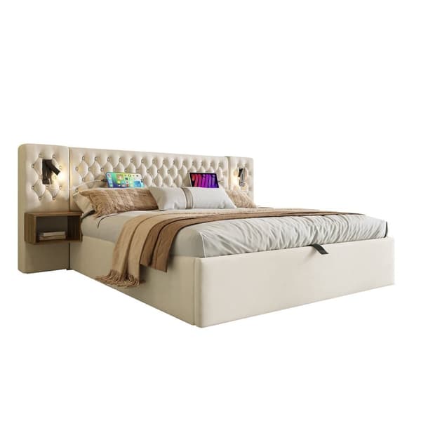 Sengepakke 160x200 cm med 2 natborde, hydraulisk opbevaring, sengegavl med læselampe og USB, velour beige, inkl. madras