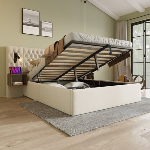 Sengepakke 160x200 cm med 2 natborde, hydraulisk opbevaring, sengegavl med læselampe og USB, velour beige, inkl. madras