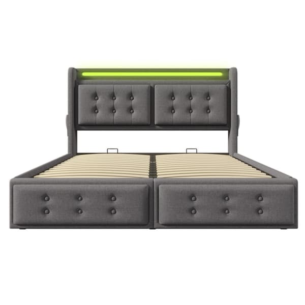 Sänky 140x200 - hydraulinen säilytystila, LED-sängynpääty, USB-C, puiset säleet, metallirunko - harmaa puuvilla