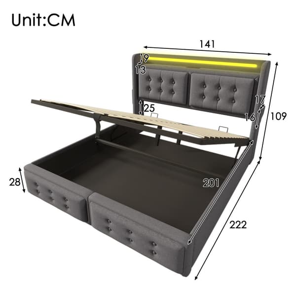 Sänky 140x200 - hydraulinen säilytystila, LED-sängynpääty, USB-C, puiset säleet, metallirunko - harmaa puuvilla