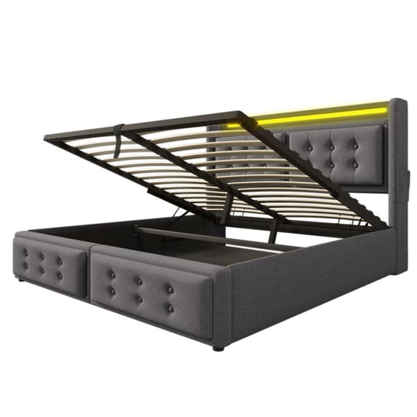 Sänky 140x200 - hydraulinen säilytystila, LED-sängynpääty, USB-C, puiset säleet, metallirunko - harmaa puuvilla
