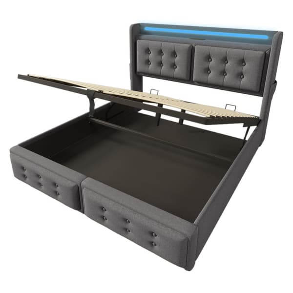 Sänky 140x200 - hydraulinen säilytystila, LED-sängynpääty, USB-C, puiset säleet, metallirunko - harmaa puuvilla