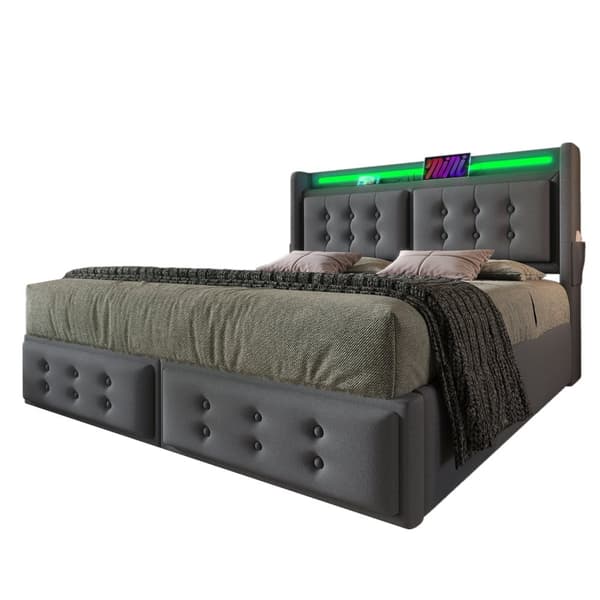 Sänky 140x200 - hydraulinen säilytystila, LED-sängynpääty, USB-C, puiset säleet, metallirunko - harmaa puuvilla