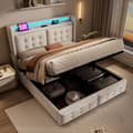 Pikkukuva 3 / 9: Sänky 160x200 - hydraulinen säilytystila, LED-sängynpääty, USB-C, puiset säleet, metallirunko - beige puuvilla