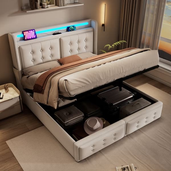 Sänky 160x200 - hydraulinen säilytystila, LED-sängynpääty, USB-C, puiset säleet, metallirunko - beige puuvilla