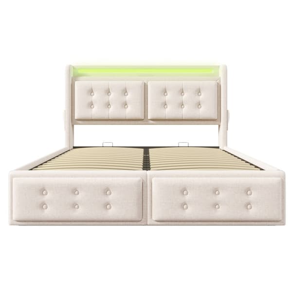 Sänky 160x200 - hydraulinen säilytystila, LED-sängynpääty, USB-C, puiset säleet, metallirunko - beige puuvilla